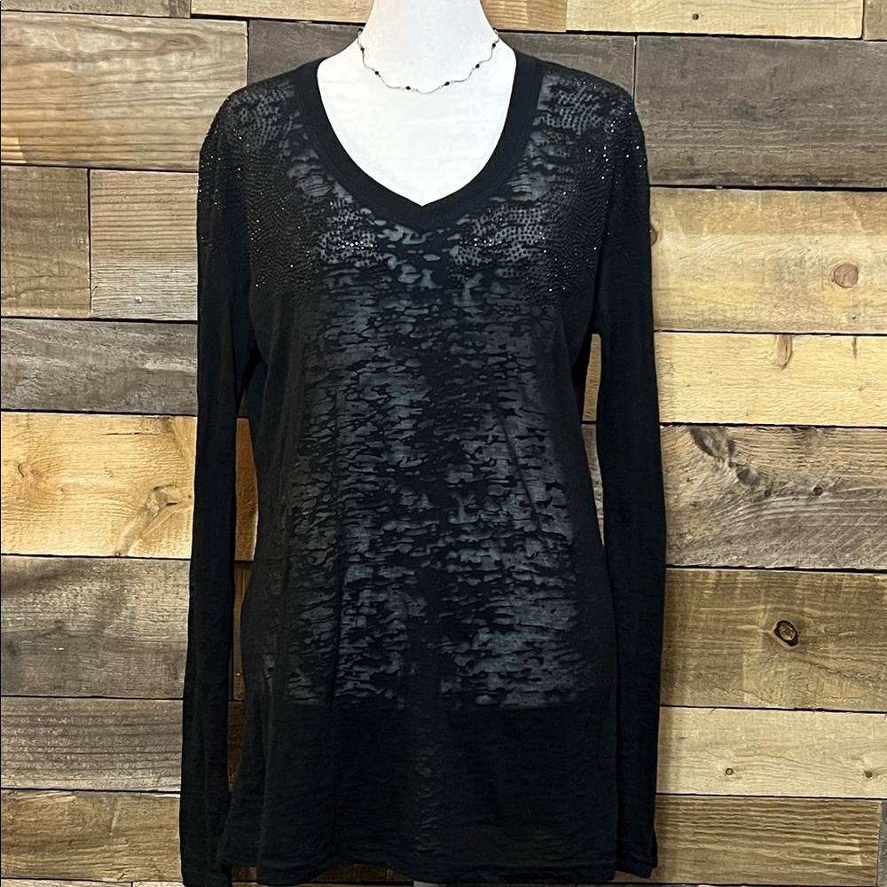 Rock n Roll Cowgirl Black Long Sleeve Burnout Tee Embellished Size XL runs small